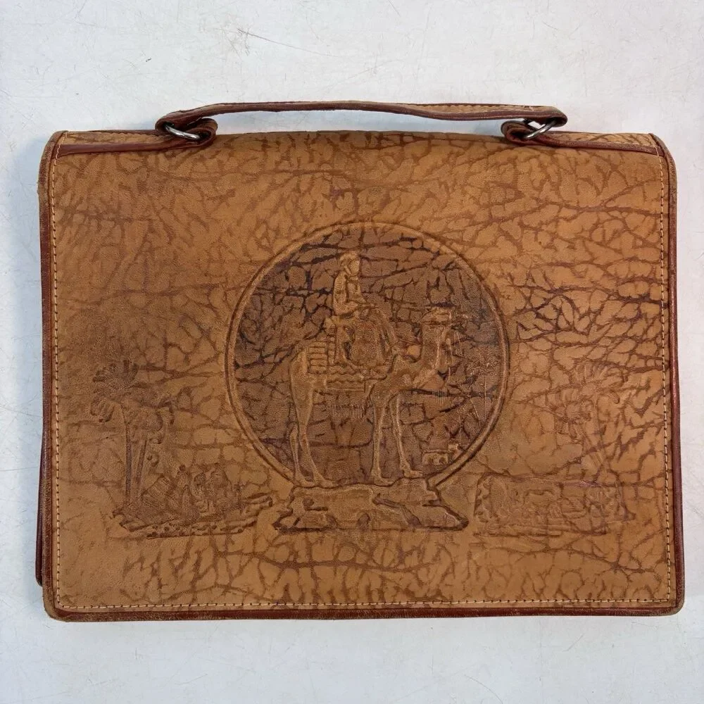 Vintage Egyptian Revival Hand Tooled Leather Handbag Purse 10